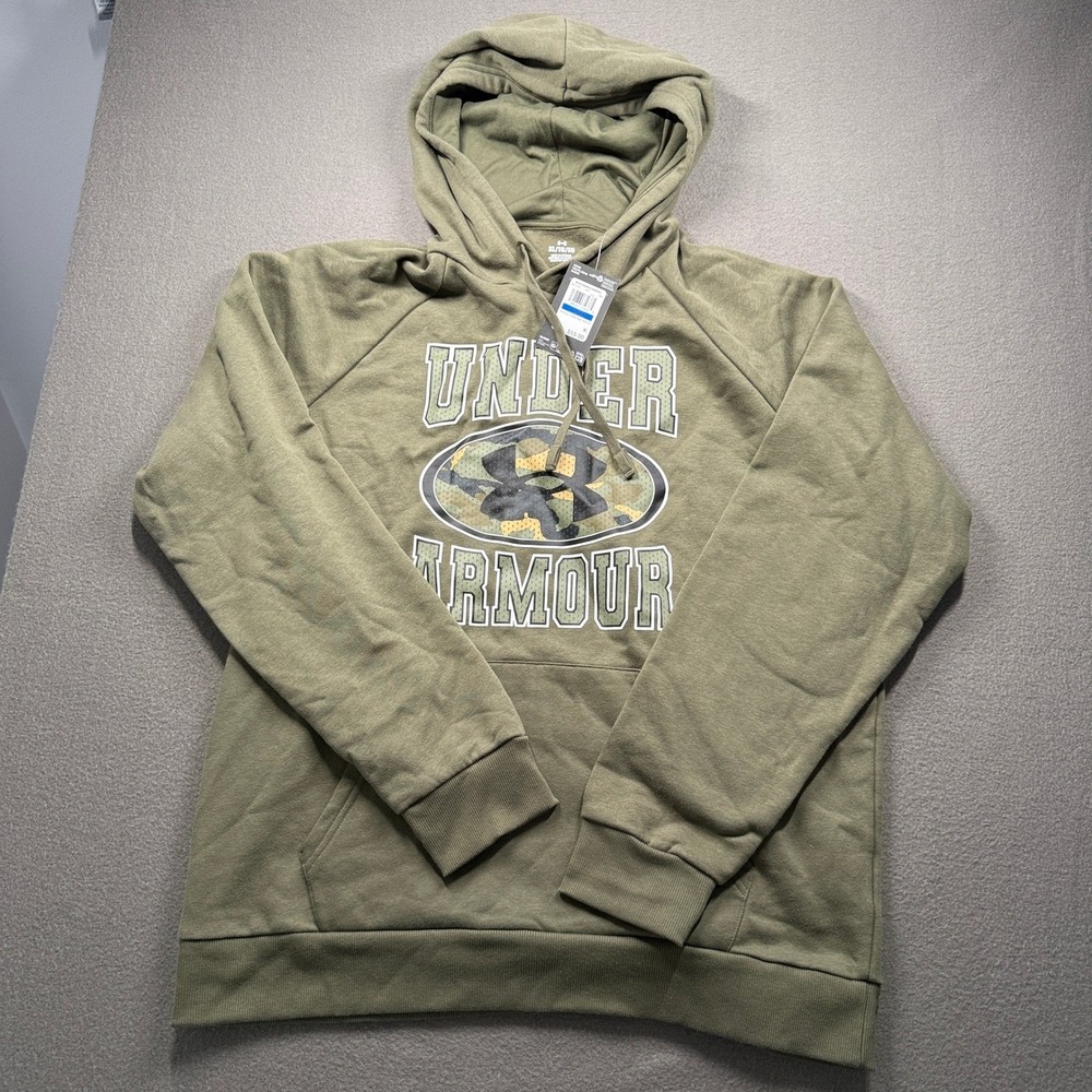 Under Armour Rival Fleece Hoodie Men XL Olive Green Camo Graphic 1379781-390